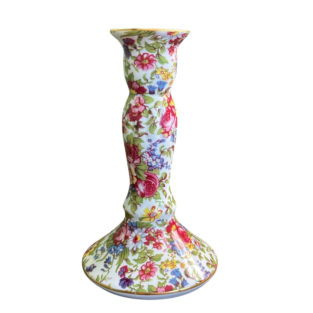 Royal Cotswolds Chintz Candlestick Holder Floral Rose Porcelain‎ Gold Rim 7 Inch